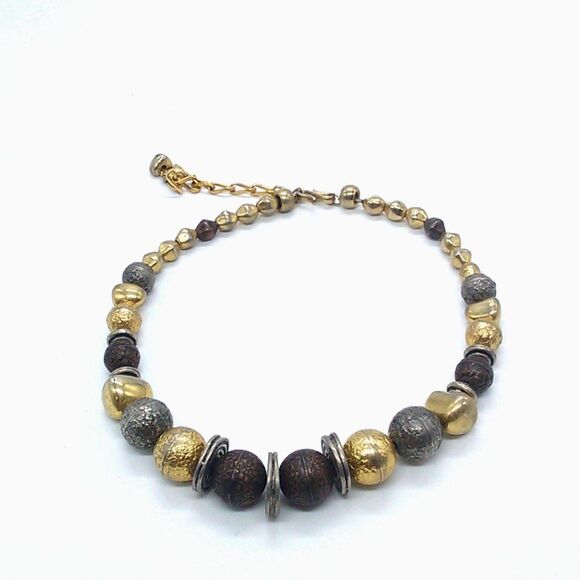 Vintage Liz Claiborne Graduated Beaded Necklace Gold Silver Bronze Tone Textured - Picture 3 of 9